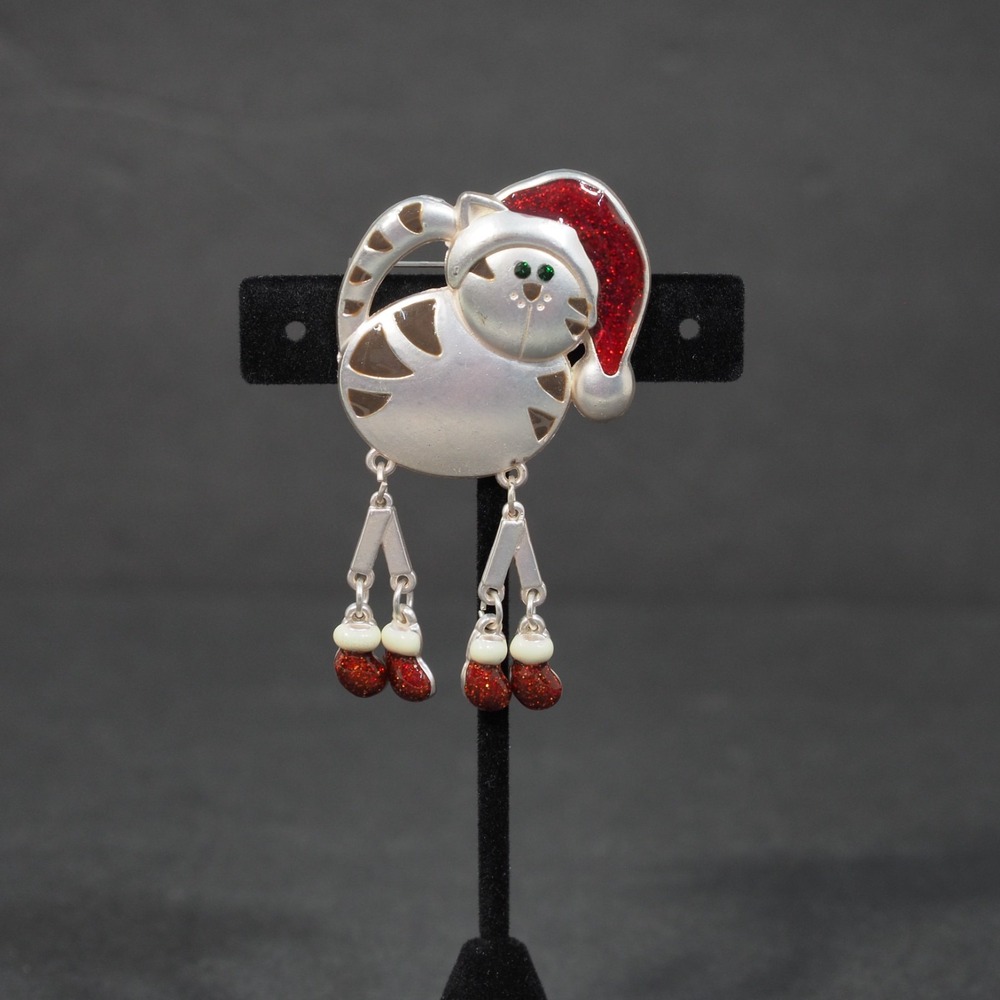 Avon Christmas Cat Brooch Enamel Santa Hat Silver Tone Articulated Holiday Pin